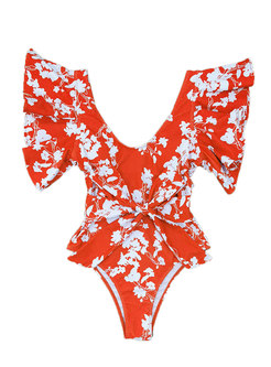 Sexy Ruffle Bowknot Print One Piece Swimwear