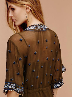 Boho V-neck Transparent Embroidered Maxi Dress With Cami