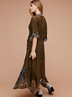 Boho V-neck Transparent Embroidered Maxi Dress With Cami