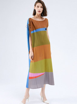Color-blocked Striped Pleated Plus Size Shift Dress
