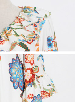 Boho V-neck Long Sleeve Ruffle Print Maxi Dress
