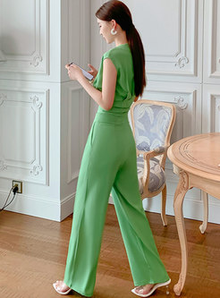 Green V-neck Pullover Crop Top & High Waisted Palazzo Pants