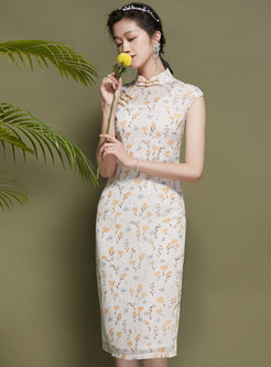 Apricot Floral Sleeveless Split Cheongsam Dress