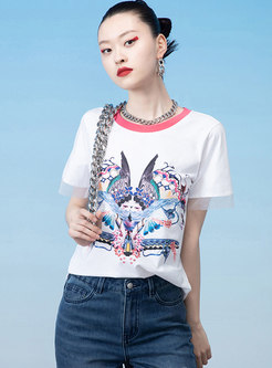 Print Pullover Back Strappy Short Sleeve T-shirt