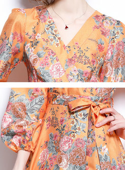 Vintage Orange Print Long Sleeve Wrap Dress
