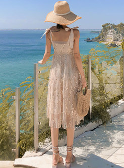 Champagne Strappy Sequin Mesh Sundress