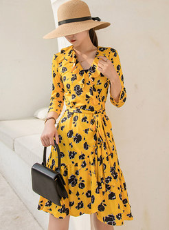 Yellow Print 3/4 Sleeve Ruffle Sheath Dress