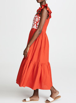 Square Neck Embroidered A Line Beach Sundress