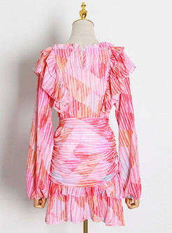 V-neck Print Long Sleeve Smocked Mini Dress