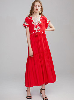 Boho V-neck Embroidered Big Hem Maxi Dress