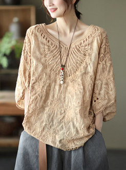 Plus Size Batwing Sleeve Openwork Blouse