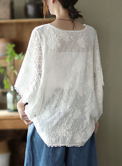 Plus Size Batwing Sleeve Openwork Blouse