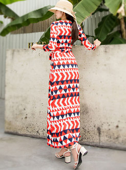 Geometric Print V-neck 3/4 Sleeve Wrap Maxi Dress