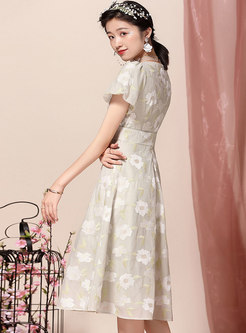 V-neck Flare Sleeve Embroidered Chiffon Dress