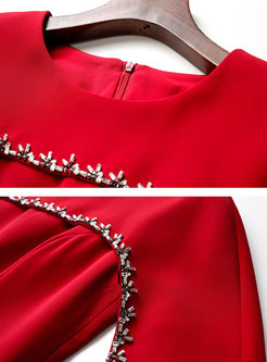 Red Beaded Shawl Sleeve Bodycon Cocktail Dress