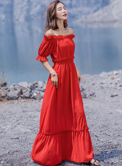 Boho Red Off-the-shoulder Half Sleeve Maxi Dress