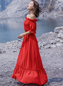 Boho Red Off-the-shoulder Half Sleeve Maxi Dress