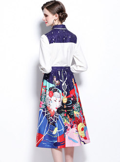 Turn-down Collar Print High Waisted Skirt Suits