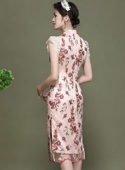 Mandarin Collar Lace Mesh Embroidered Cheongsam Dress