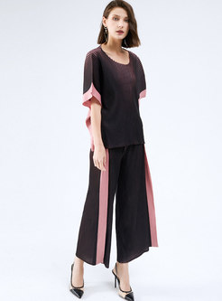 Casual Color-blocked Pleated Wide Leg Pant Suits