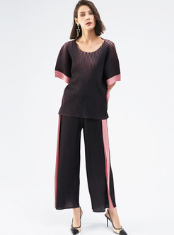 Casual Color-blocked Pleated Wide Leg Pant Suits