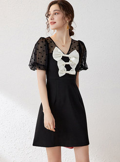 Black Bowknot Patchwork Polka Dot Mini Dress
