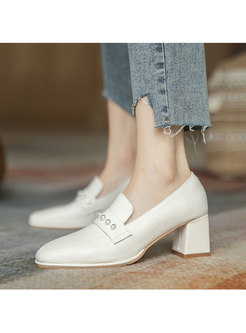 Square Toe Pearl Embellished Chunky Heel Shoes