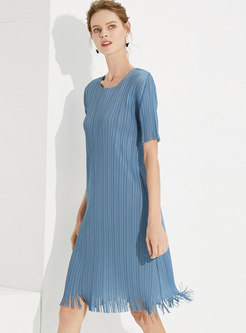 Casual Crew Neck Pleated Fringed A Line Dress