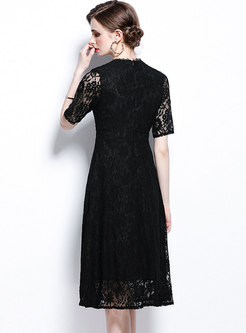 Black Short Sleeve Openwork Lace Midi Dress
