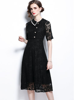 Black Short Sleeve Openwork Lace Midi Dress