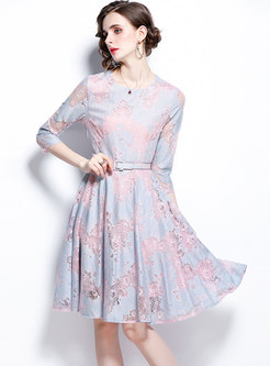 3/4 Sleeve Lace Patchwork Belted Skater Dress