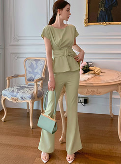 Crew Neck Short Sleeve Belted Flare Pant Suits