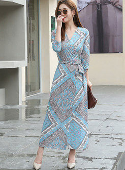 Print V-neck 3/4 Sleeve A Line Wrap Maxi Dress