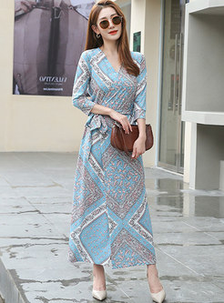 Print V-neck 3/4 Sleeve A Line Wrap Maxi Dress