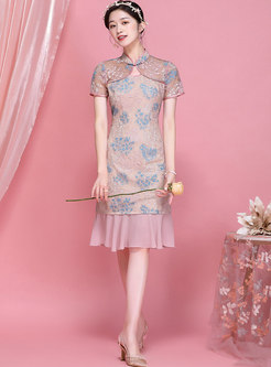 Mandarin Collar Lace Patchwork Bodycon Dress