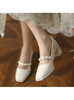 Square Toe Pearl Embellished Chunky Heel Shoes