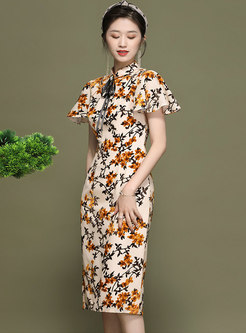 Retro Mock Neck Print Cheongsam Dress