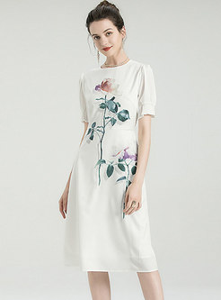 White Puff Sleeve Print A Line Dress