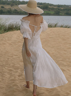 White Boho Off-the-shoulder Beach Maxi Dress