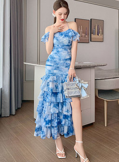 Blue Off-the-shoulder Tie-dye Slip Long Dress