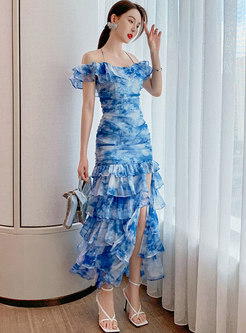 Blue Off-the-shoulder Tie-dye Slip Long Dress