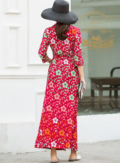 Red V-neck Print 3/4 Sleeve Wrap Maxi Dress