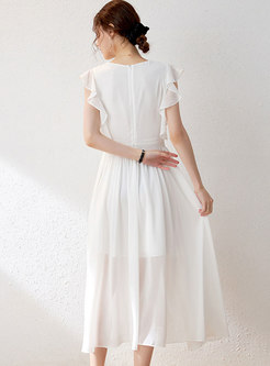White V-neck Sleeveless Ruffle Beaded Maxi Dress
