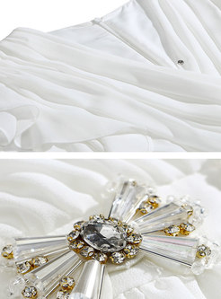 White V-neck Sleeveless Ruffle Beaded Maxi Dress
