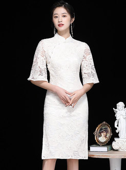 White Mandarin Collar Openwork Lace Cheongsam Dress