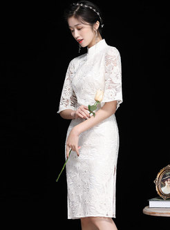 White Mandarin Collar Openwork Lace Cheongsam Dress