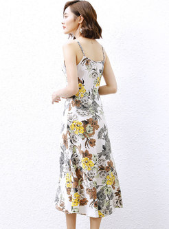 V-neck Print Sleeveless Midi Slip Dress