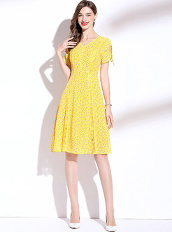 Yellow V-neck Print A Line Chiffon Dress