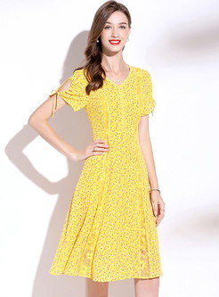 Yellow V-neck Print A Line Chiffon Dress