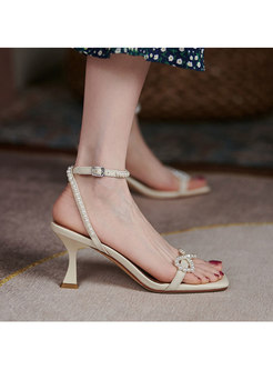 Square Neck Pearl Embellished High Heel Sandals